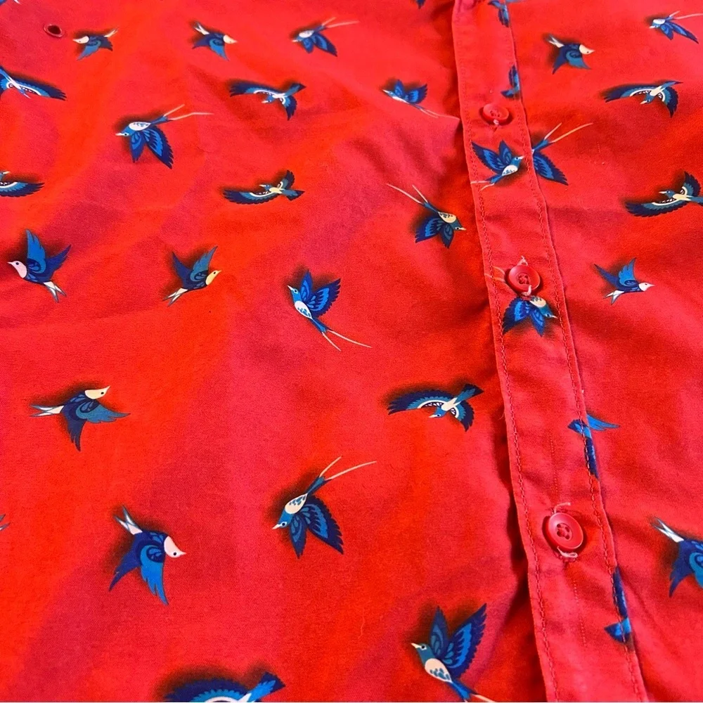 Tenth + Ocean red with blue birds short sleeve button down shirt size S summer